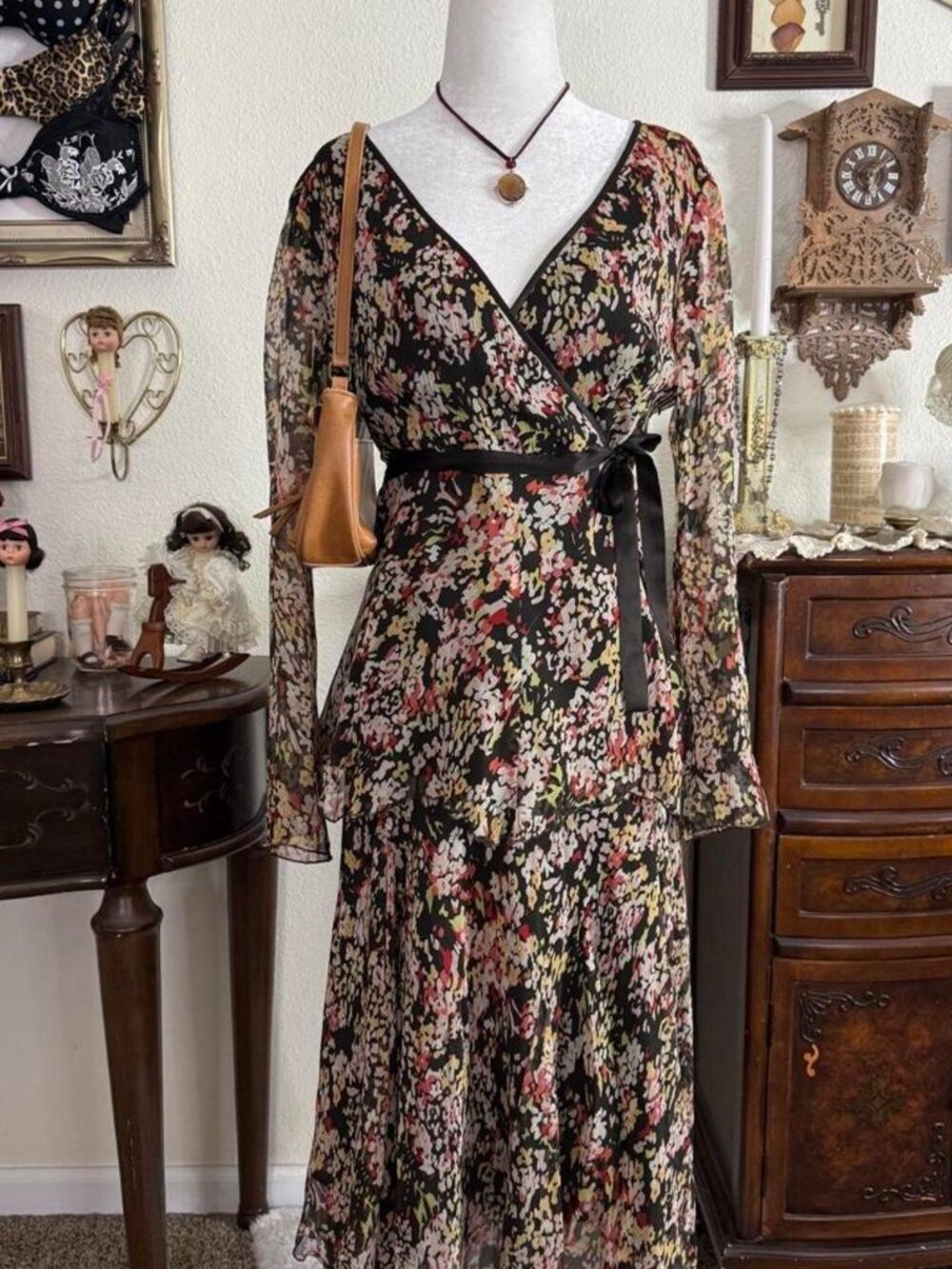 Y2k whimsical fairy floral two piece silk flare sleeve blouse and skirt set